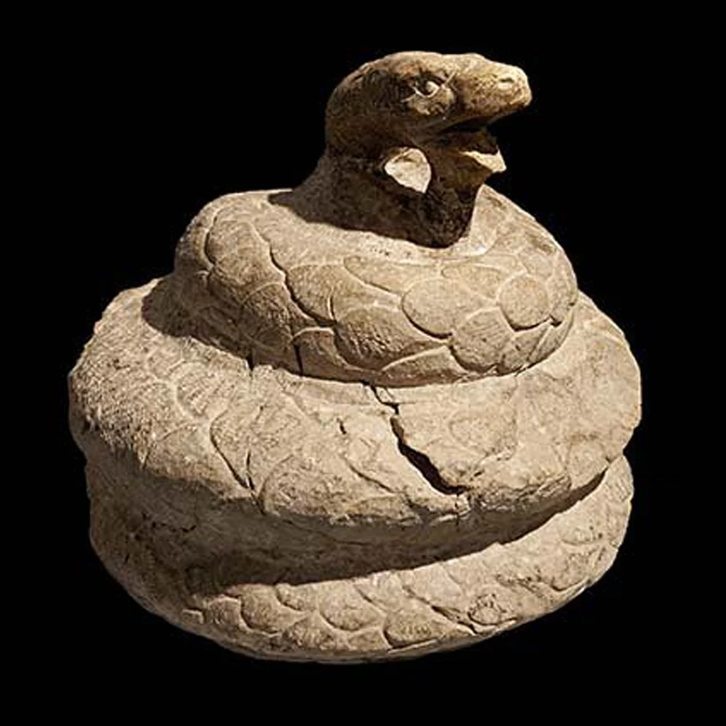 immagine per Coperchio di urna cineraria in pietra con serpente attorcigliato